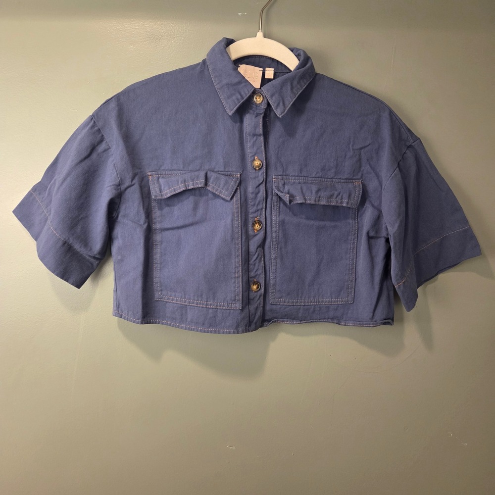 Good Luck Gem Women's 100% Cotton Utility Cropped Button Up Shirt Size S